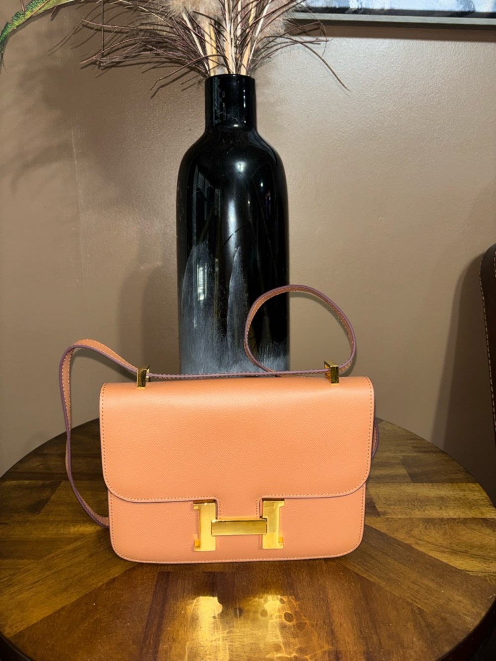 Peach Leather Crossbody Bag with Gold H Accent